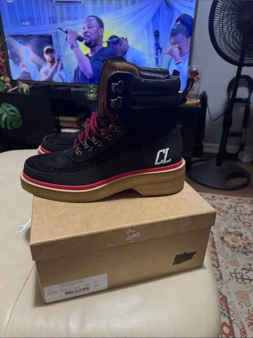 Christian Louboutin Black and Red Lace-Up Ankle Boots